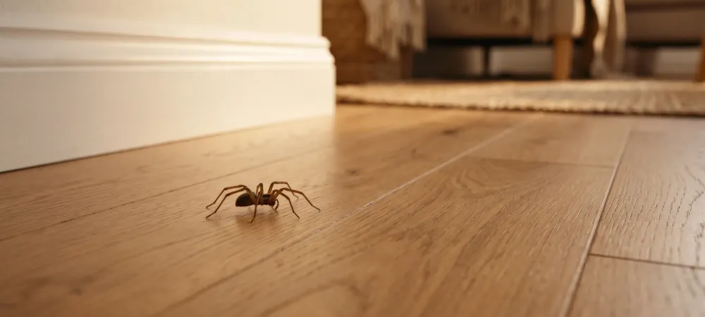 spider walking across hardwood floors